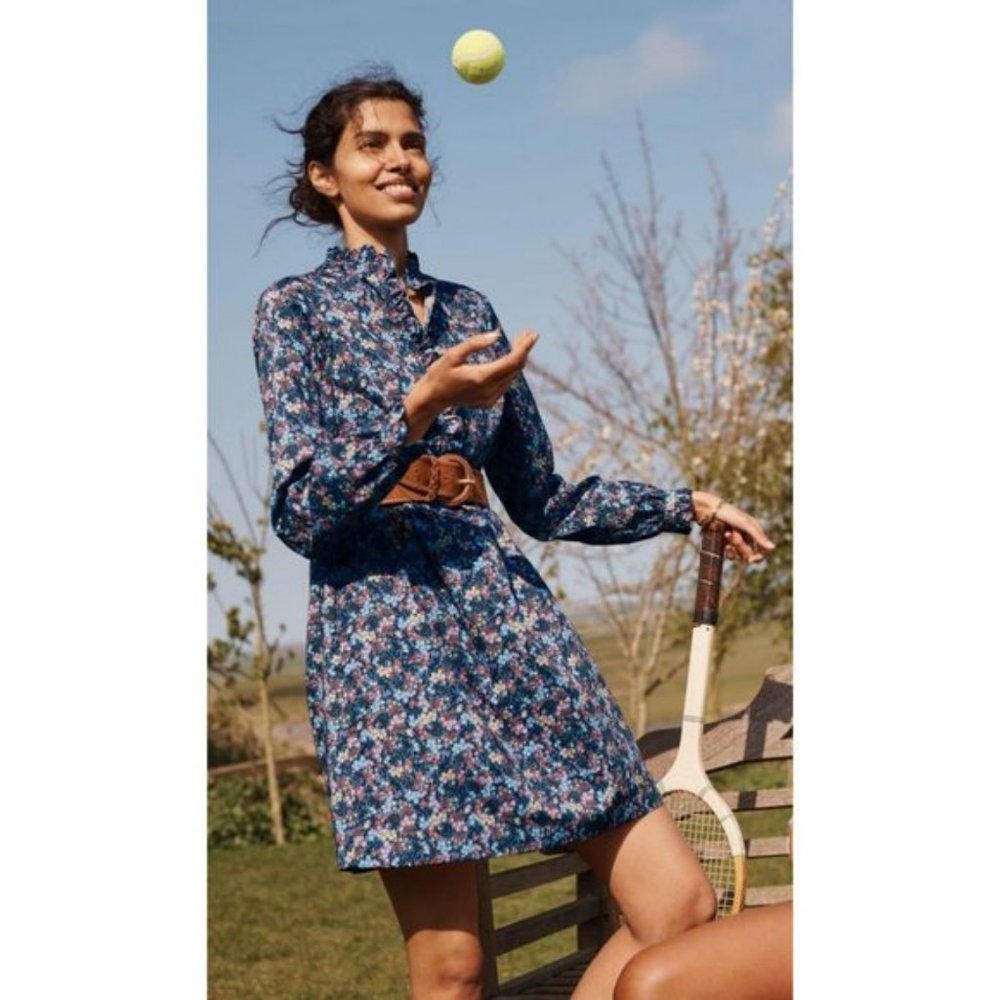 NWT Boden high ruffle neck Lomond blue Enchanting Forest floral dress